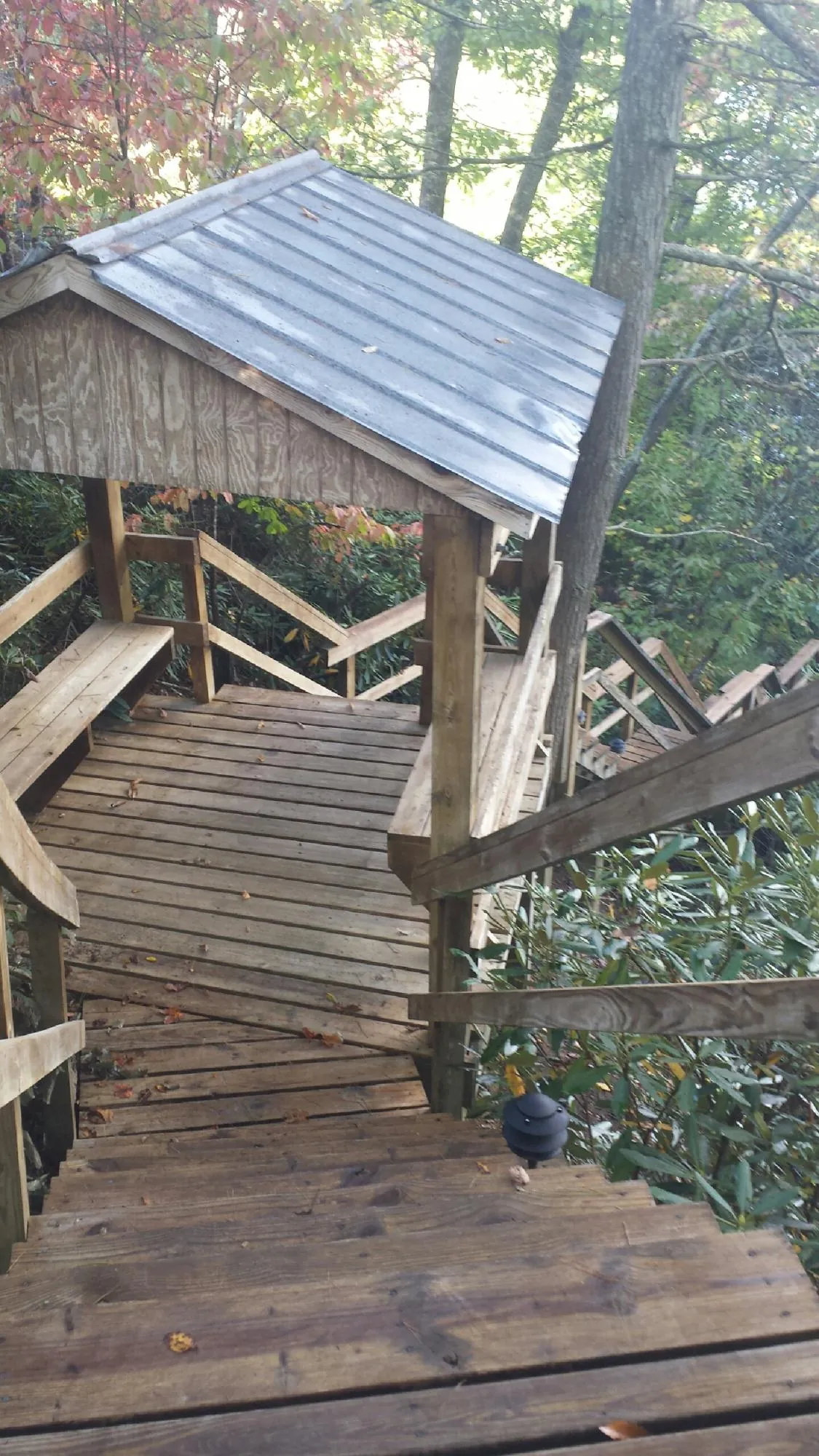 Metal roofed shelter over wooden steps on a wooded walkway — Skylight Repair & Installation work by our crew in Pruden
